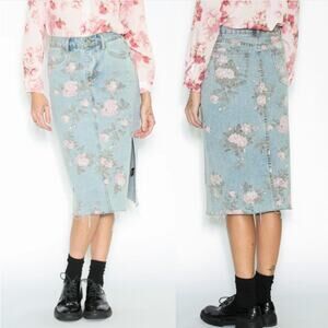 Lovely U-Dear Y2K Cottagecore Boho Raw Hem Slit Floral Denim Midi Skirt Size S